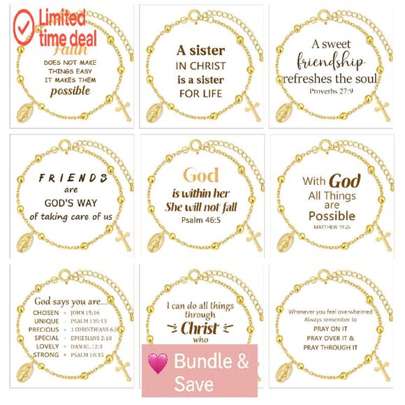 9pc Virgin Mary Cross Bracelet Set Adjustable 18K Gold Plated Religious Jewelry - Picture 1 of 8